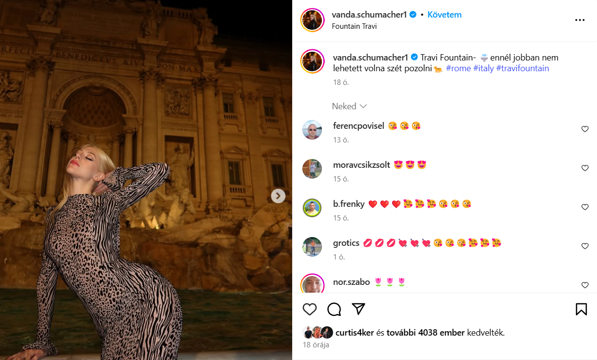 Schumacher Vanda a római  TRAVI szökőkútnál pózolt a posztja szerint - redditezők szúrták ki az elírást
